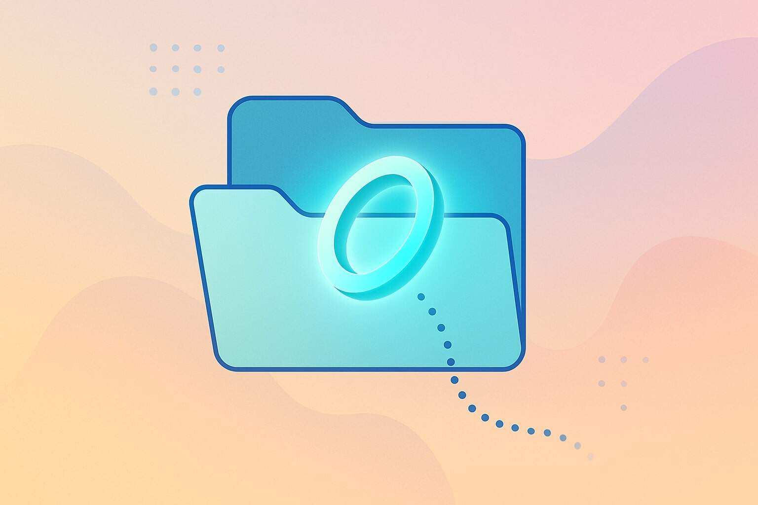 A blue folder icon with a glowing ring in front, symbolizing the webring spirit, set against a pastel abstract background with wavy shapes and dotted patterns.