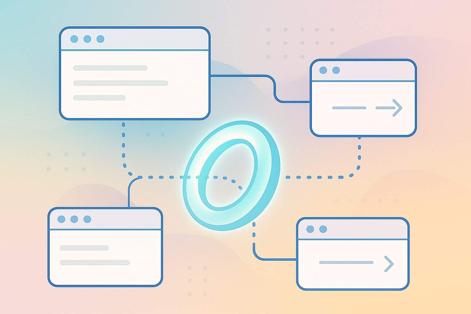 A digital illustration of four interconnected browser windows linked by dotted lines to a glowing blue circular ring in the center, evoking the spirit of an indie web webring, set against a pastel gradient background.