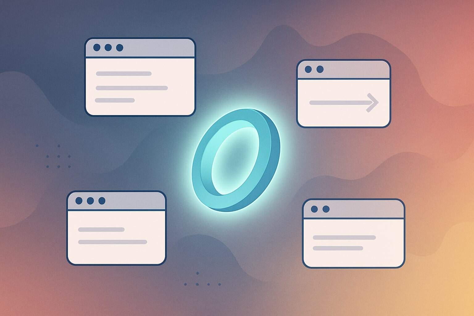 A glowing blue webring is centered among four stylized web browser windows with minimal content, set against a gradient background of soft orange, pink, and purple hues.