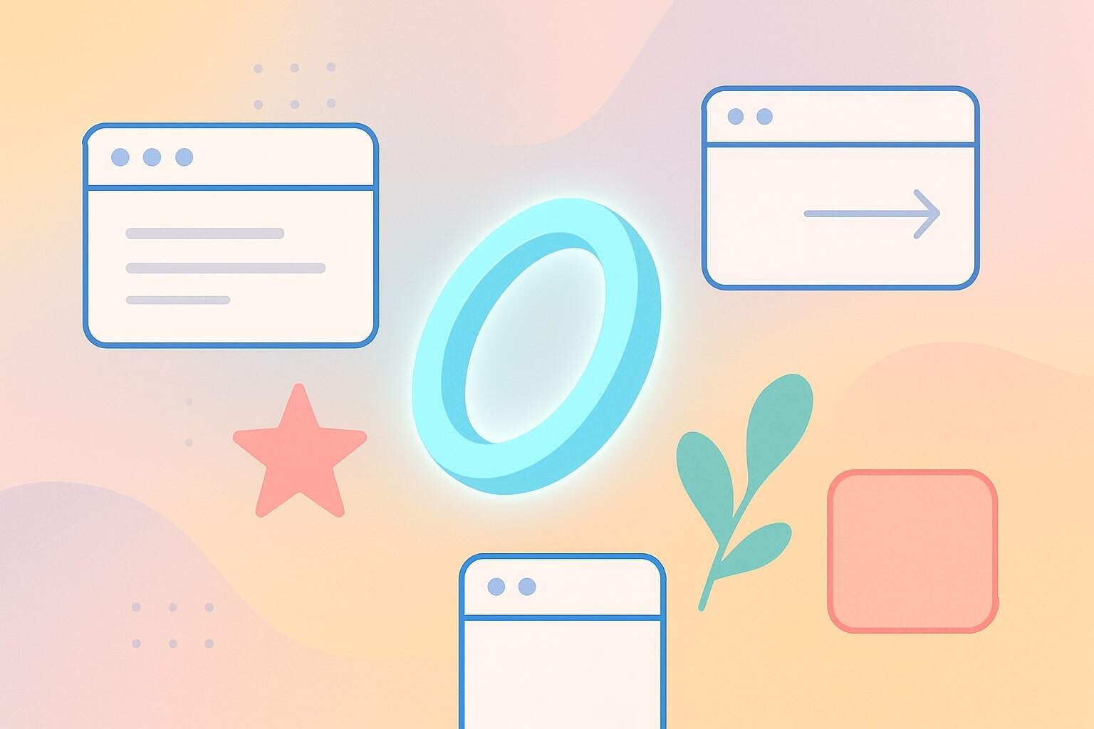 A digital illustration shows a glowing blue ring, symbolizing a webring, surrounded by web browser windows, a pink star, a green leaf, and a pink square on a pastel gradient background.