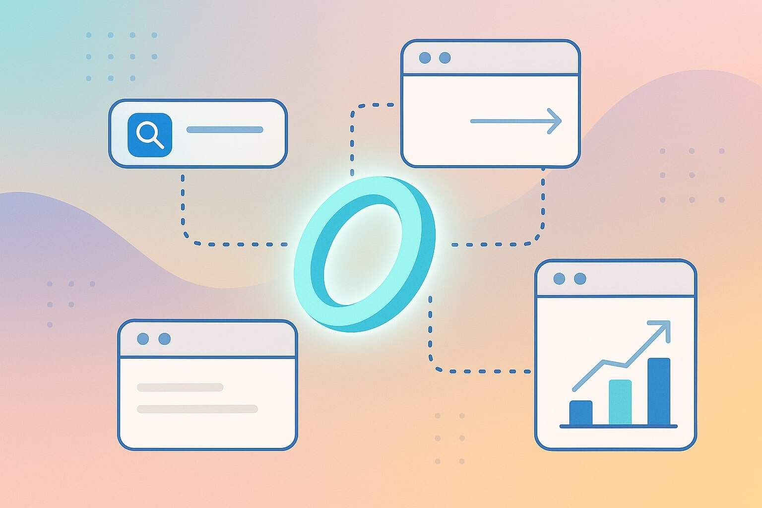 A blue ring in the center represents a webring, connecting four web browser windows—a search bar, right arrow, text box, and upward graph—on an indie web-inspired pastel gradient background.