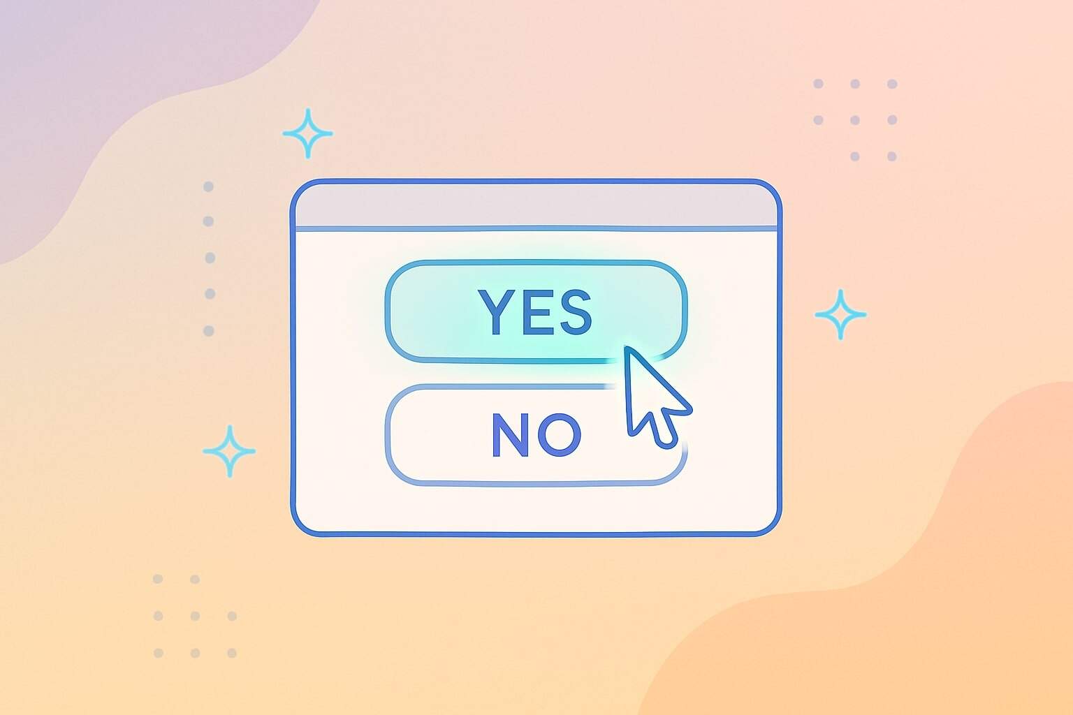 A pastel-colored illustration of a dialog box with YES and NO buttons evokes an indie web vibe. A cursor points at the YES button against a soft beige and peach background with sparkles, dotted accents, and subtle webring influence.