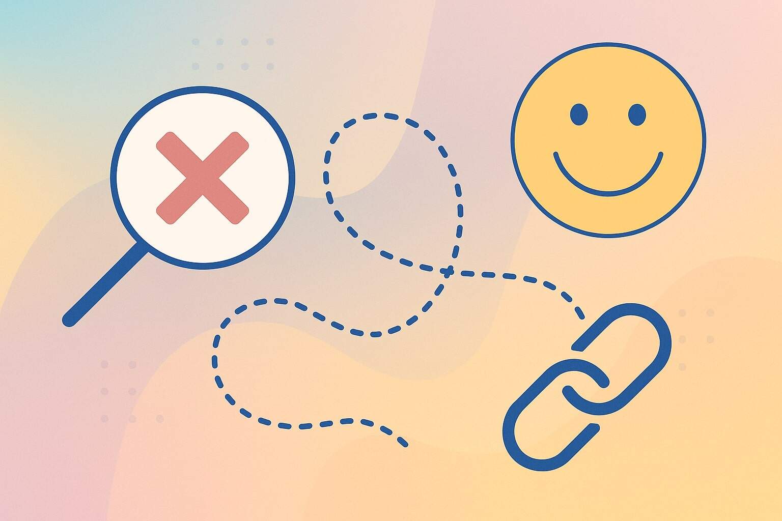 A magnifying glass with a red X, a broken chain link, and a smiling face are connected by a dashed line on a pastel background, symbolizing the quirky spirit of the indie web and webring communities.