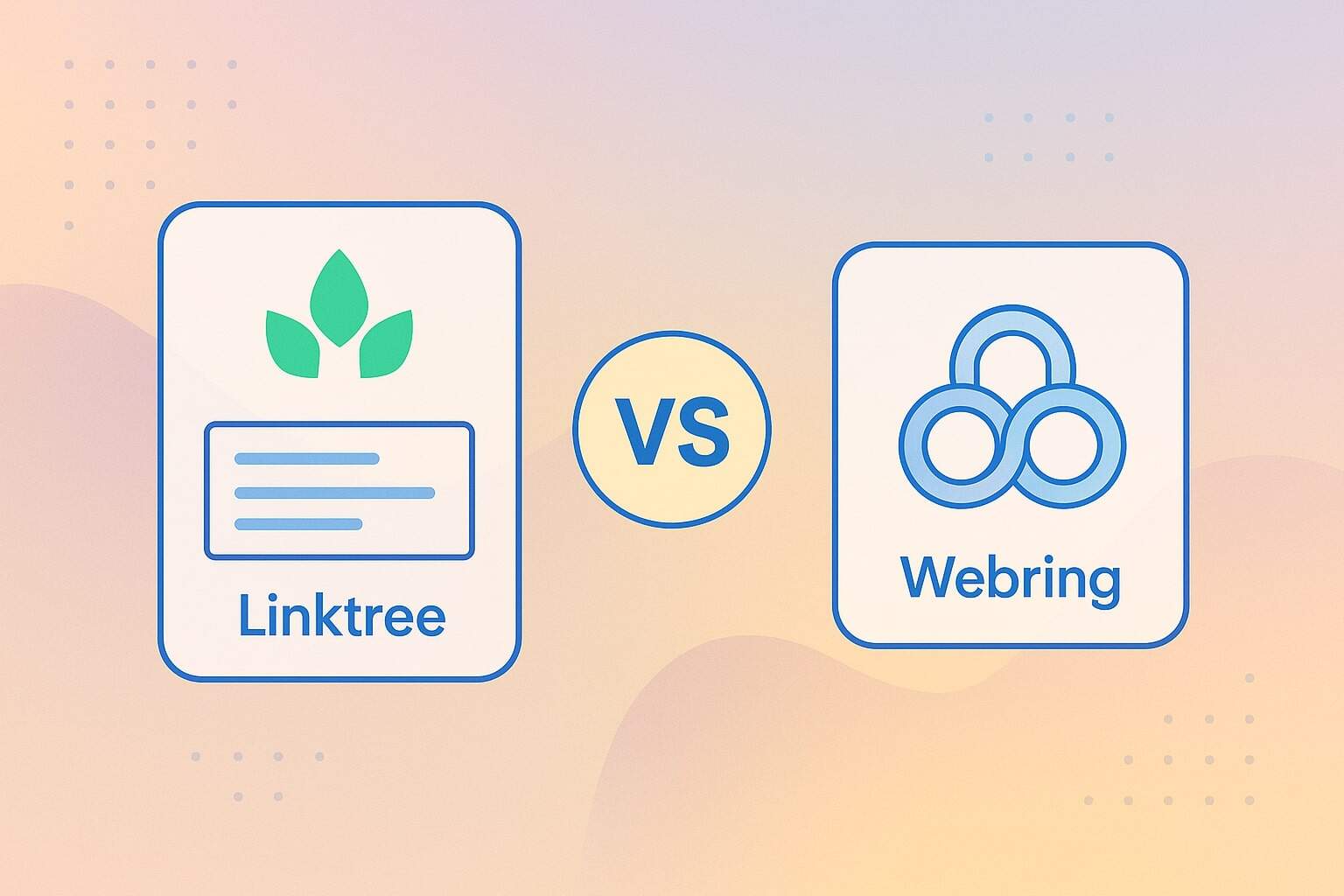 A graphic comparing Linktree and Webring, spotlighting indie web icons for each service, separated by a bold VS in a circle on a soft pastel background.