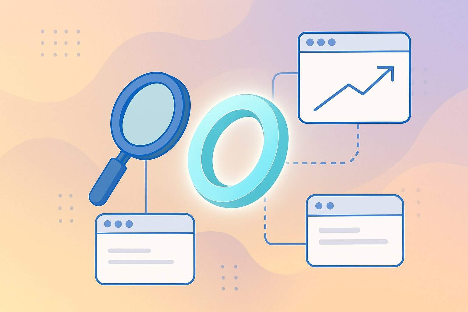 Illustration of a magnifying glass, a glowing ring in the center, and three web browser windows connected by lines—one with an upward graph—symbolizing data analysis and the flow of information across an indie web webring.