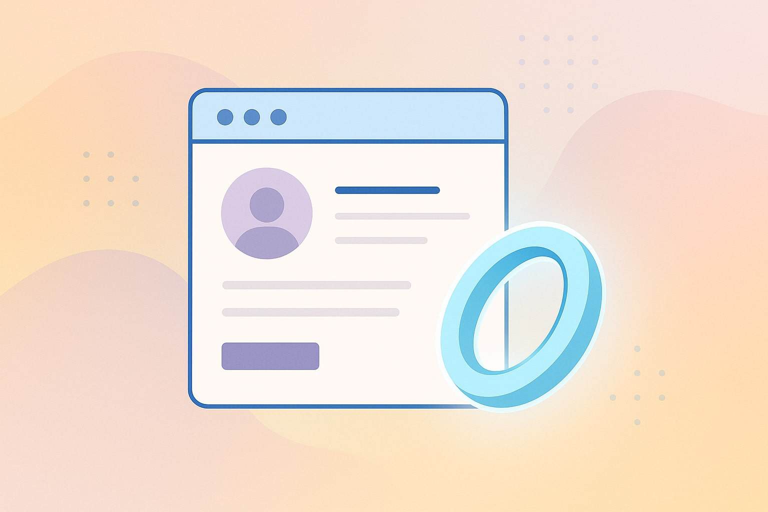 Illustration of a user profile webpage with a large blue ring, evoking the spirit of the indie web and webring culture, overlapping the bottom right corner on a soft peach gradient background with abstract shapes and dotted accents.