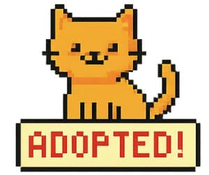 Pixel art of an orange cat with a raised tail, standing above a rectangular sign that says ADOPTED! in bold red letters.