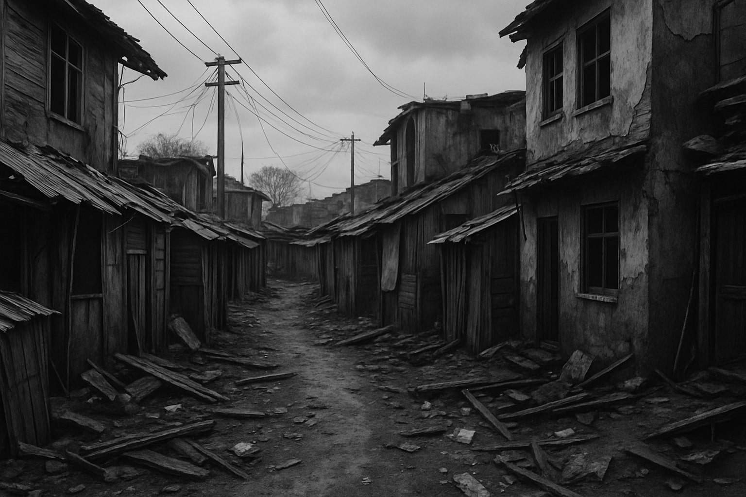 A narrow, dirt path runs between rows of old, dilapidated wooden houses with broken windows and roofs. Debris and loose planks cover the ground; overhead, power lines stretch under a cloudy sky.