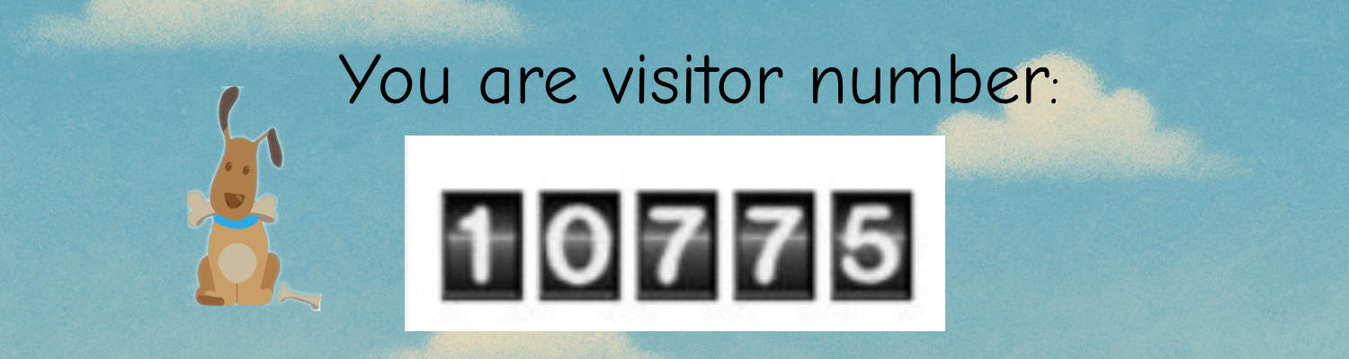 A cartoon dog sits next to text that reads You are visitor number: above a counter displaying the number 10775, all set against a blue sky with clouds.