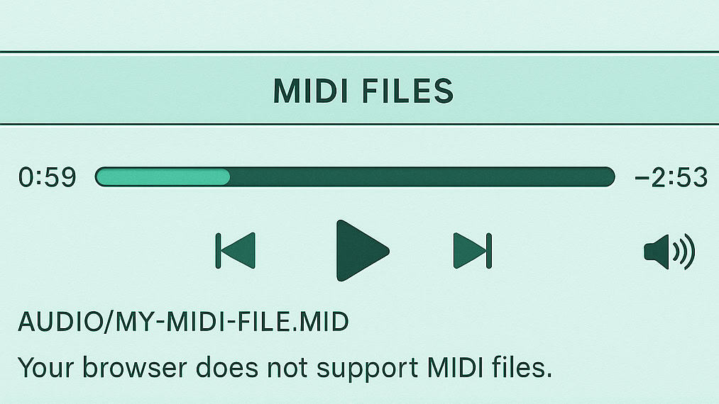 A digital audio player interface displays MIDI FILES with a progress bar, play controls, time elapsed (0:59), total time (-2:53), and a message below: Your browser does not support MIDI files.