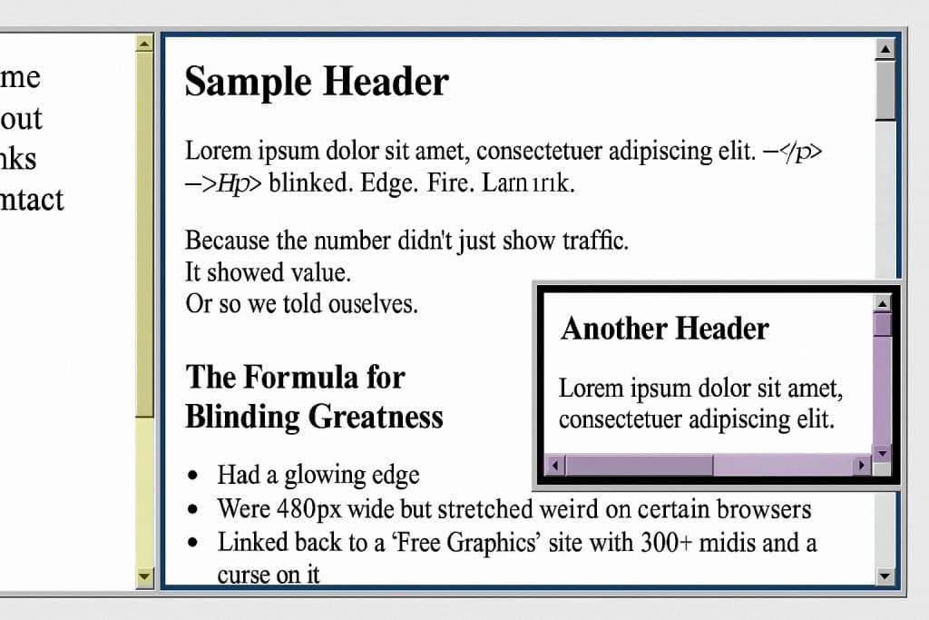 A computer screen displays a webpage mockup with multiple framesets and scrollbars