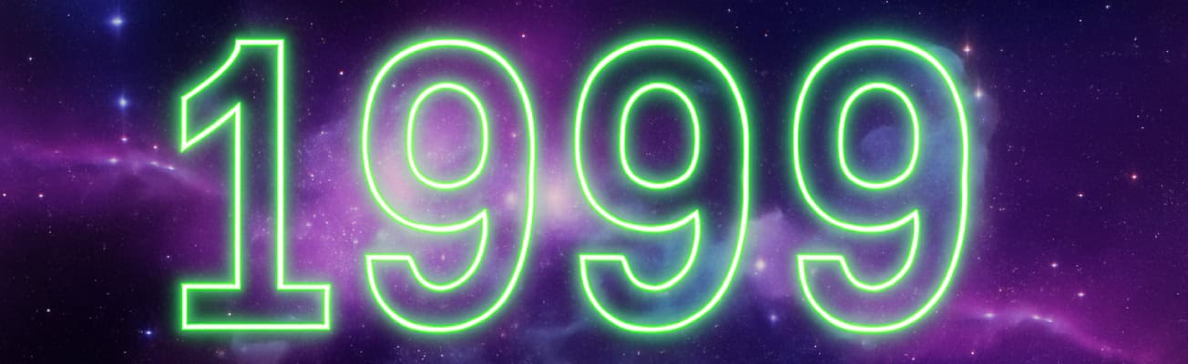 Large, glowing neon green numbers reading 1999 are set against a purple and blue outer space background with stars and nebulae.