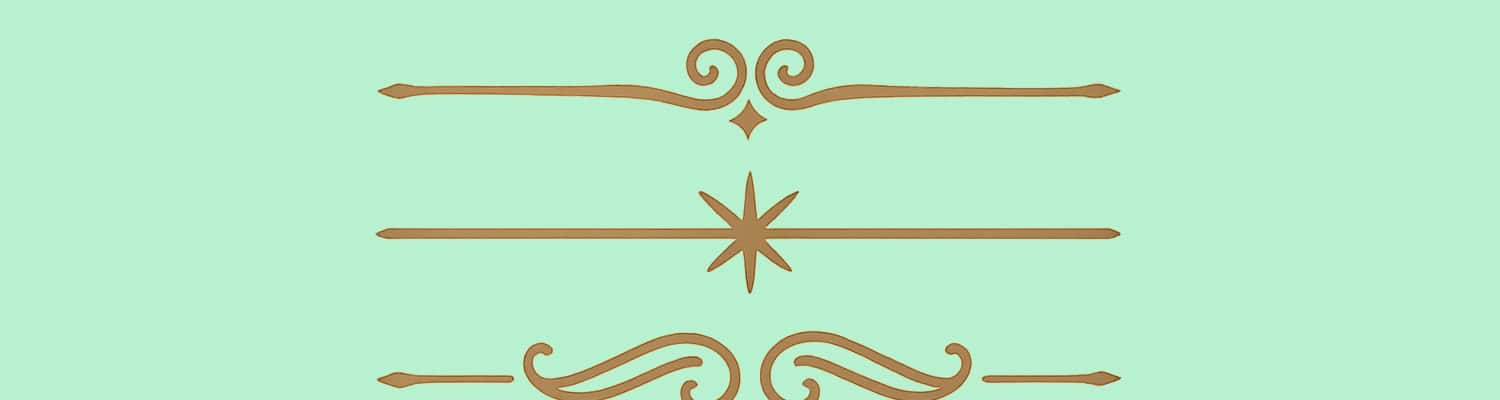 Three decorative gold horizontal dividers with ornate designs, including swirls and a star shape, on a light green background.