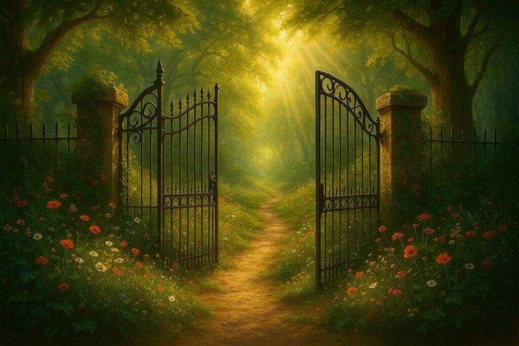 An ornate iron gate stands open on a sunlit path, leading into a lush, green forest. Sunbeams shine through the trees, and colorful wildflowers bloom along the path amid dense foliage.