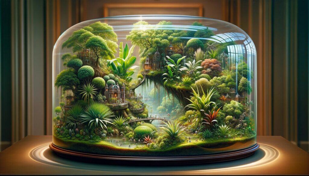 A lush, miniature rainforest with tiny houses and walkways is enclosed in a glass dome, sitting on a wooden base in a softly lit room, creating a whimsical, detailed terrarium scene.