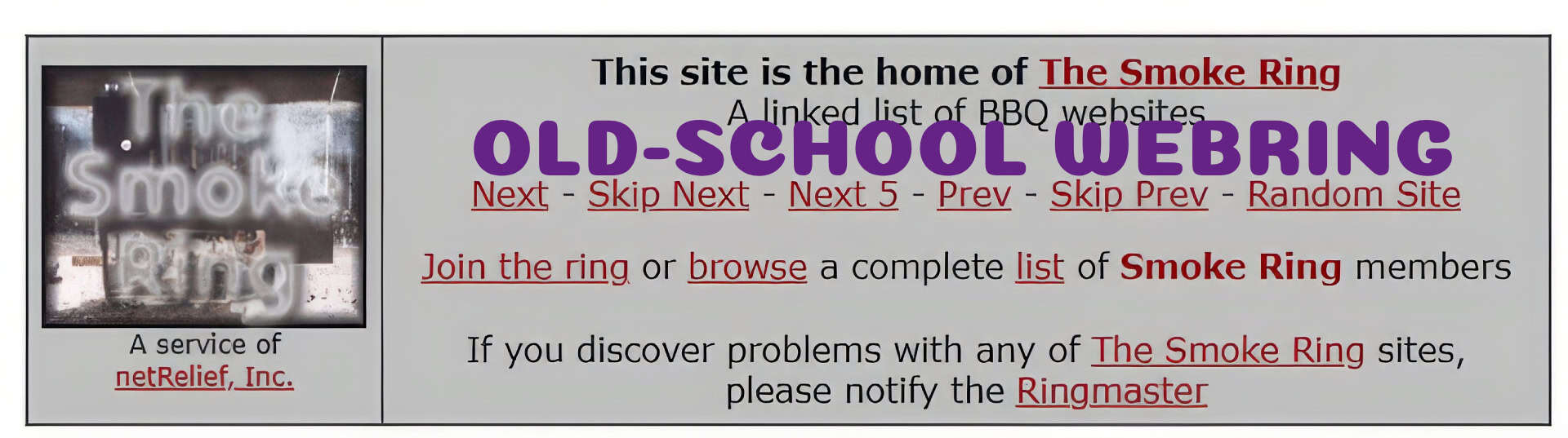 A webpage banner for The Smoke Ring, an old-school BBQ webring. It features navigation links for next, previous, random, and a complete list of sites, with bold OLD-SCHOOL WEBRING text in purple.