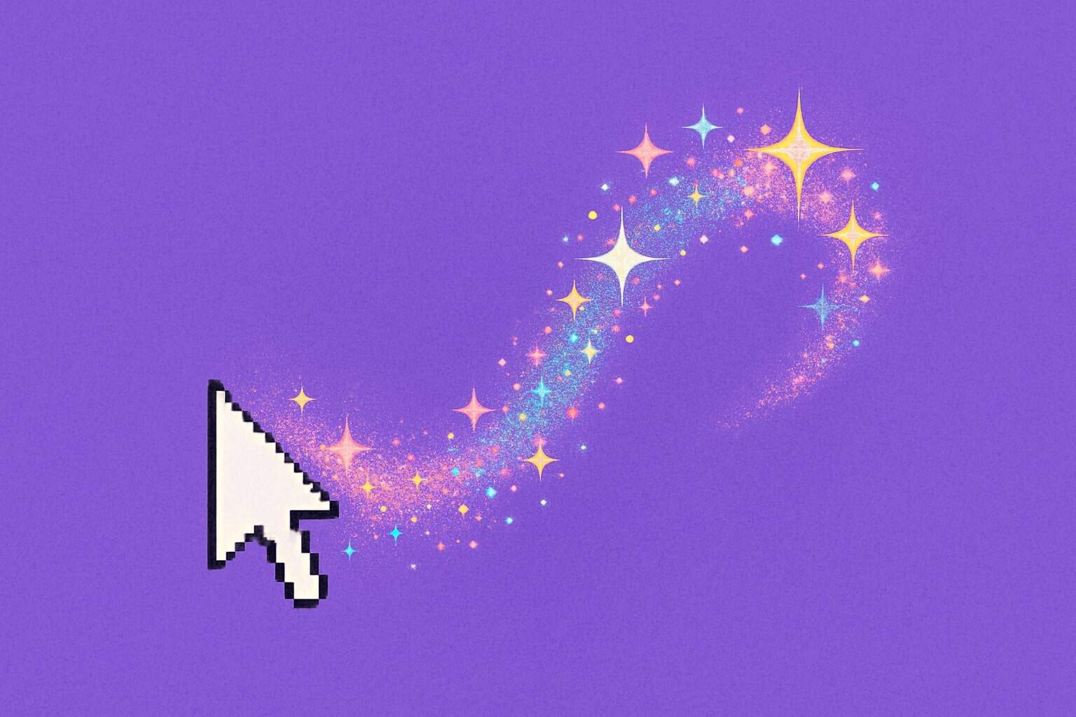 A large white pixelated cursor points at a swirling trail of colorful sparkles and stars on a purple background.