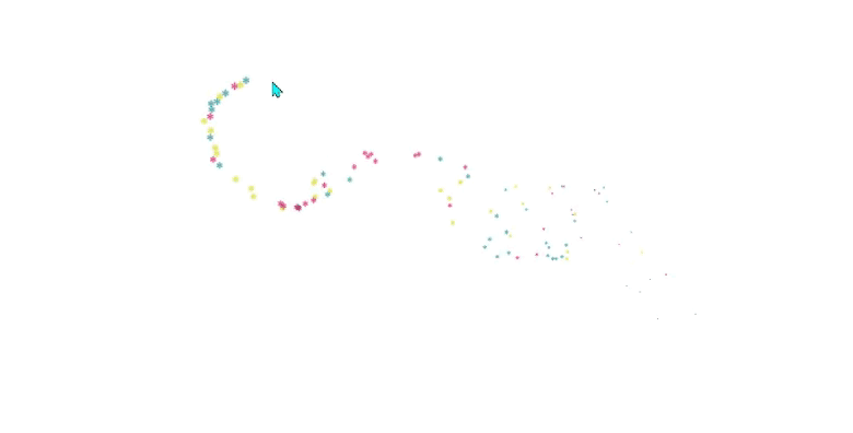 A blue computer mouse cursor moves in a curved path, leaving behind a colorful dotted trail with dots in pink, yellow, blue, and green on a white background.
