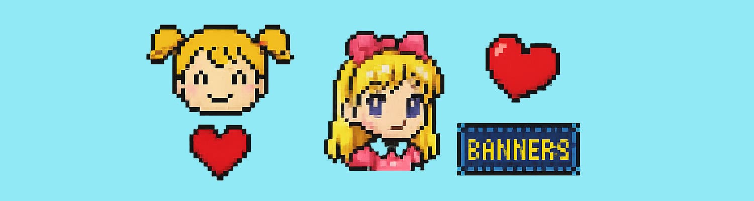 Pixel art of a blonde girl with pigtails and pink bows, a red heart, the word BANNERS, all on a light blue background.